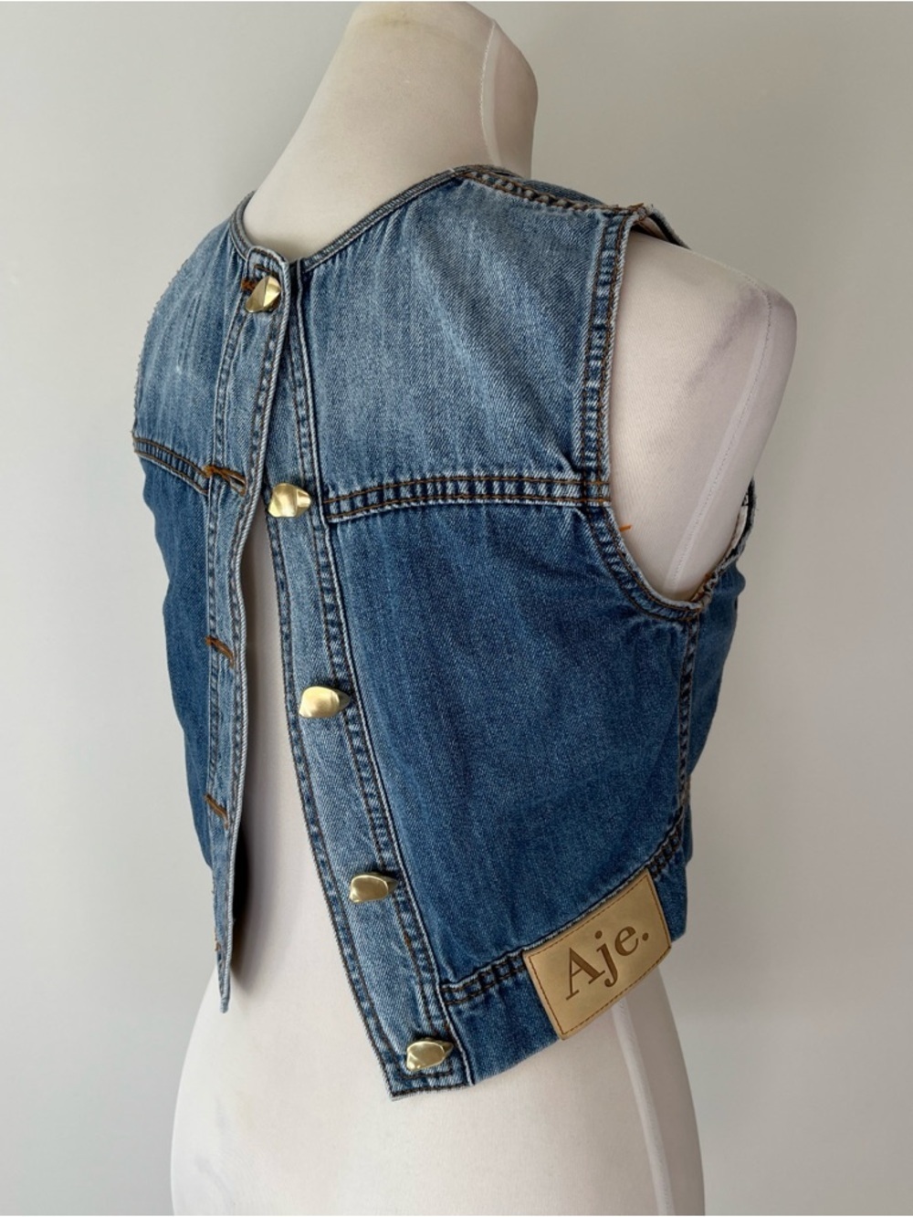 Aje Cropped Denim Vest Top Blue Button Back Structured Cotton tank small